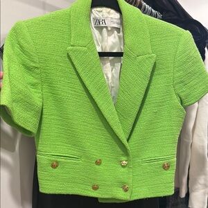Zara Women's Bright Green Blazer with Gold Buttons